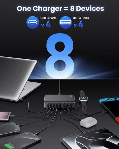 200W USB C Charger Block, GaN IV Charging Station 8 Ports, QC4.0 Fast Charging