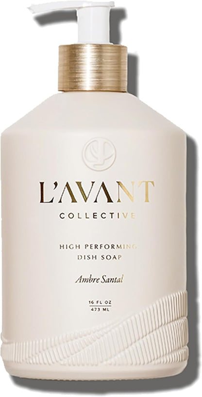L'AVANT Collective The Ultimate Dish Wash Duo, Natural Luxury Dish Soap 16 Fl Oz with Refillable Glass Pump Bottle & 2 Loofah Dish Sponges for Pots, Pans, Dishes and Kitchen Cleaning, Ambre Santal