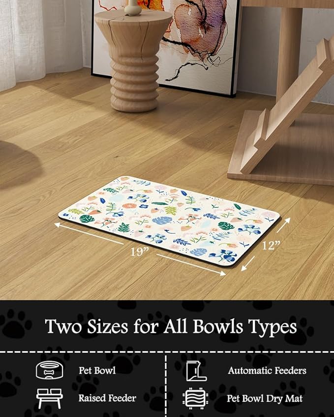 Pet Feeding Mat-Absorbent Dog Mat for Food and Water Bowl-No Stains Quick Dry Water Dispenser Mat-Dog Accessories Pet Supplies-Bowl for Messy Drinkers（LIGHTFLOWERS,12"x19"