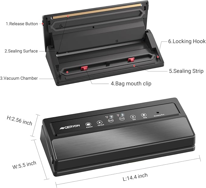 GERYON Vacuum Sealer Machine, Food Vacuum Sealer with Powerful Suction | Slim Design | Easy to Use | Led Indicator Lights for Sous Vide, Meal Prep, w/Starter Kits for Vacuum Seal Container (Black）