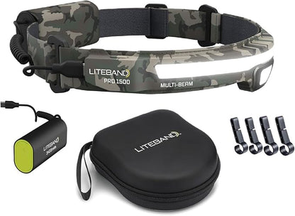 Liteband PRO Bundle 1500 Lumens LED Headlamp Rechargeable Battery Powered, Bright Tactical Head Lamp Flashlight Hard Hat Light, Mechanic Lamps, Camping, Running, Best Rated For Forehead, Camo
