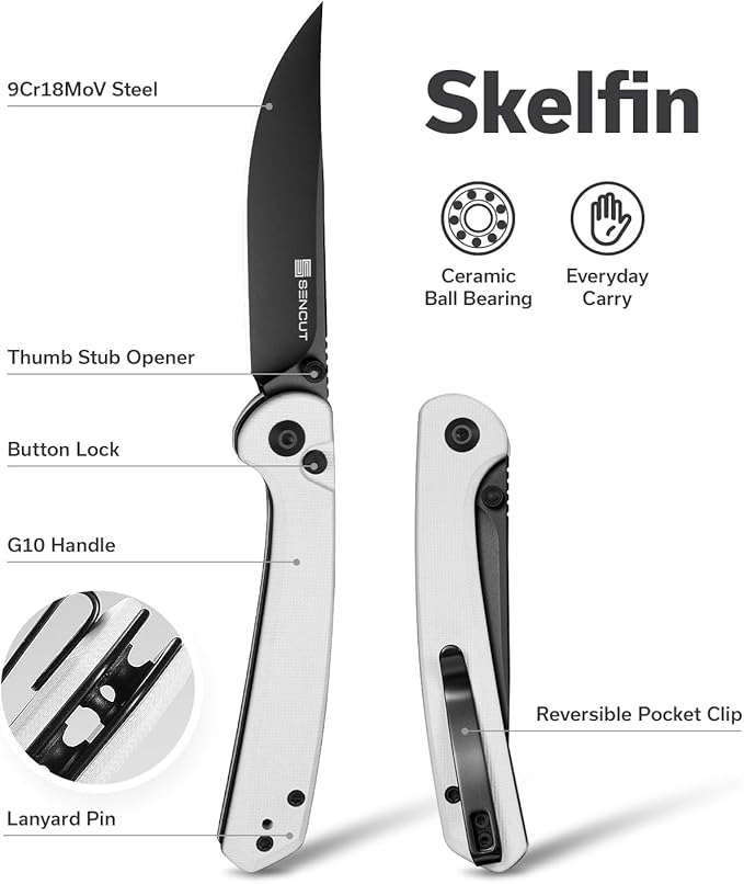 SENCUT Skelfin Pocket Knife for EDC, Folding Knife with 3.3'' Blade & G10 Handle, for Camping Hiking S25007-1 (White)