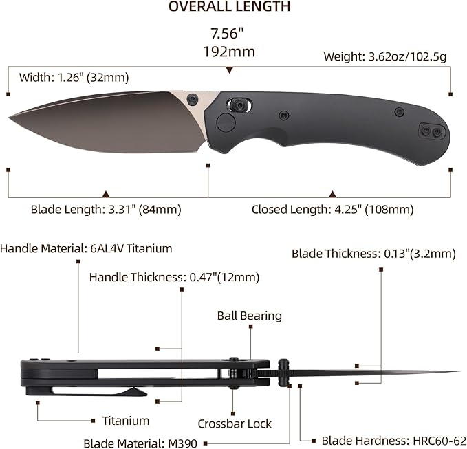 Folding Pocket Knife,3.31” M390 Blade,Erogonomic Titanium Handle,Hunting Survival Knife,EDC Knife for Hunting Camping Survival Outdoor Fishing Hiking（Black）