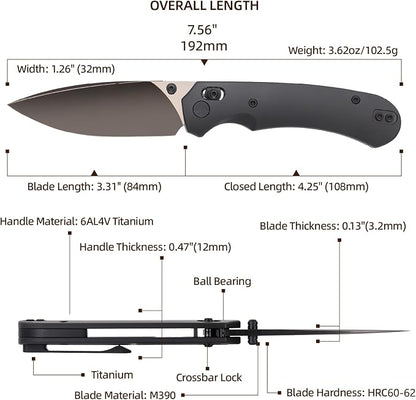Folding Pocket Knife,3.31” M390 Blade,Erogonomic Titanium Handle,Hunting Survival Knife,EDC Knife for Hunting Camping Survival Outdoor Fishing Hiking（Black）