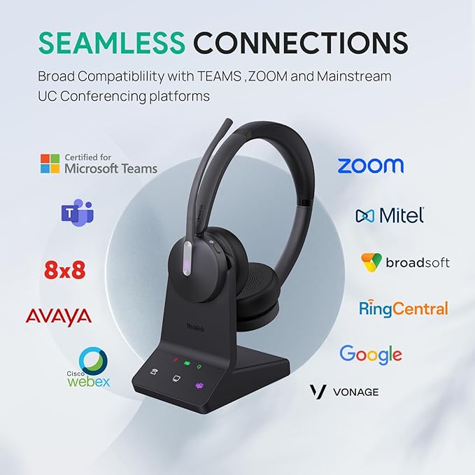 Yealink WH64 DECT & Bluetooth Dual Teams Wireless Headset, 606 ft Range On Ear