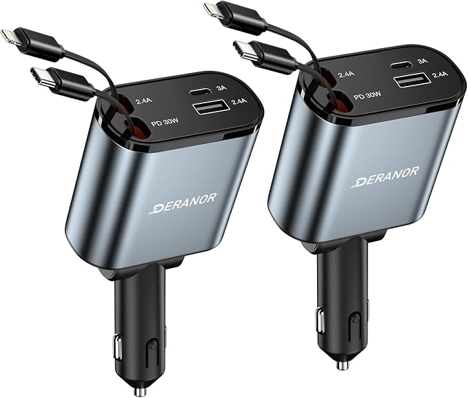 [2 Pack] Retractable Car Charger 4 in 1 Fast Car Phone Charger 69W, USB C Car Truck Accessories Adapter with 2X Retractable Charger Cords and 2X USB Ports for i Phone 17/16/15/14, for Samsung S25/S24