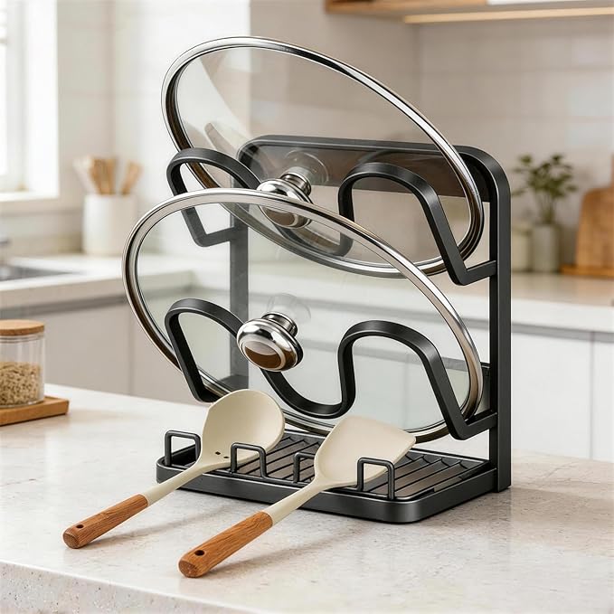 Kitchen Pot Lid Storage Rack: Carbon Steel Double-Layer Holder & Spoon Rest