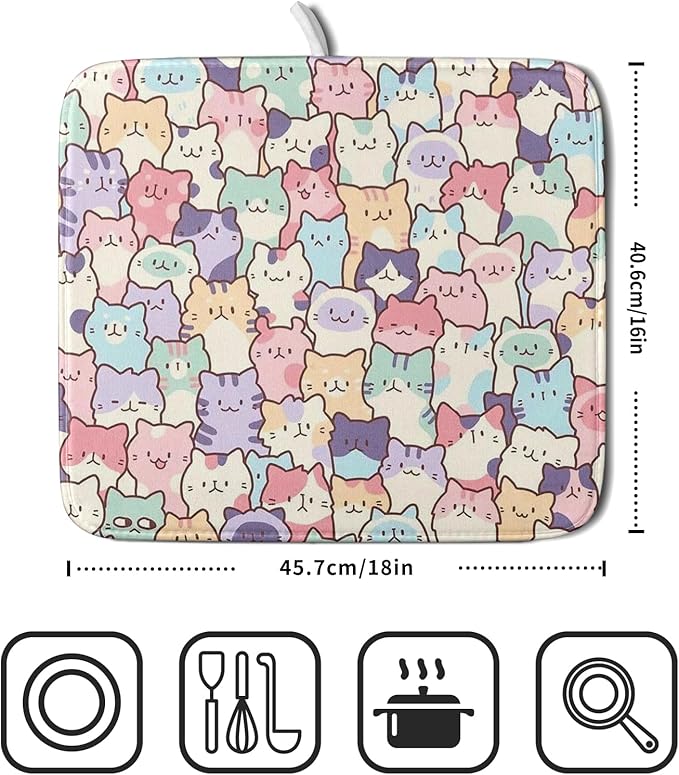 Colorful Cats Dish Drying Mat 16x18 inch Cute Animal Microfiber Reversible Fast