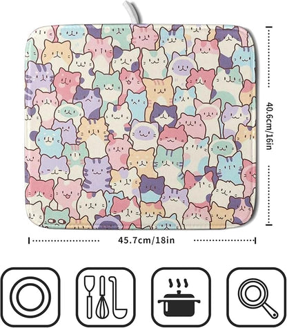 Colorful Cats Dish Drying Mat 16x18 inch Cute Animal Microfiber Reversible Fast