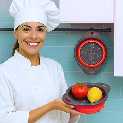 Red Round Silicone Collapsible Colander – Silicone Round Kitchen Strainers