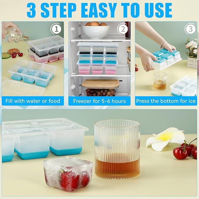 Ice Cube Trays 2 Pack, JRISBO Large Silicone Ice Cube Molds