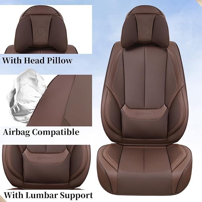 Coverado Front and Back Seat Covers, Waterproof Nappa Leather Auto Seat Protectors Full Set with Head Pillow, 5 Pieces Universal Car Accessories Fit for Most Sedans SUV Pick-up Truck, Brown