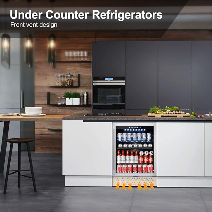 Tylza 24 Inch Beverage Refrigerator, 190 Can Capacity, Glass Door, Advanced