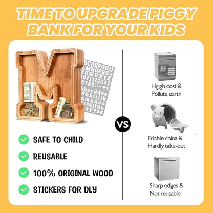 KMC Wooden Letter Piggy Bank, Personalized Initial Piggy Bank for Kids Boys, Clear Alphabet M Wood Money Box, Unbreakable Coin Saving Jar, Birthday, for Children