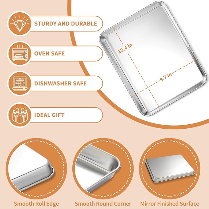 Stainless Steel Baking Sheet Set of 2, Deedro Cookie Sheet Metal Baking Pan