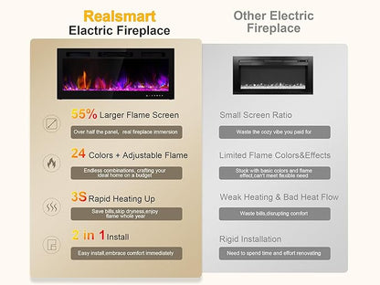 Electric Fireplace Insert 36" Realsmart 1500W Wall Mounted Fireplaces Recessed