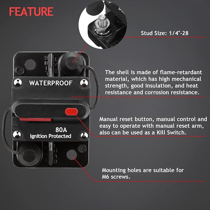 3 Pack 80 Amp Circuit Breaker Manual Reset 12V-48V DC for Car Audio Rv Marine Boat Truck Trolling Motors, Car Speaker Resettable Fuse, with Wire Lugs Copper Washer