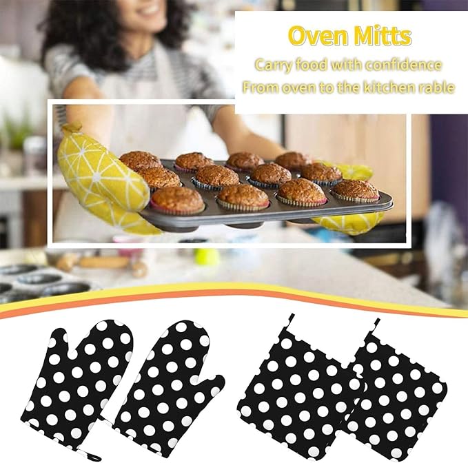 Black White Retro Polka Dot Oven Mitts and Pot Holders Sets of 4, Heat