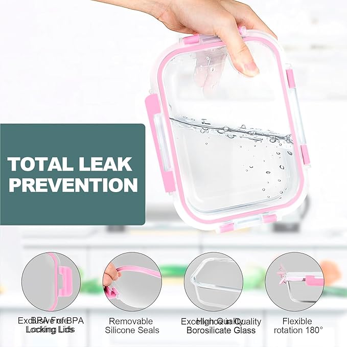 VERONES 10Pack Glass Meal Prep Containers, Airtight Glass Lunch Containers,Stackable Food Storage Containers Set with Lids,Exclusive of BPA, for Microwave,Oven, Freezer&Dishwasher Friendly,Pink