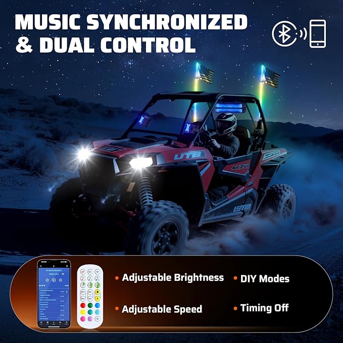 Ehaho 2 PCS 5FT Whip Lights with Spring Base, APP & Remote Control Led Whip Lights for Side by Side, Spiral RGB Chasing Lighted Whips with Rocker Switch, Music Led Whips for UTV ATV RZR SXS Can-Am