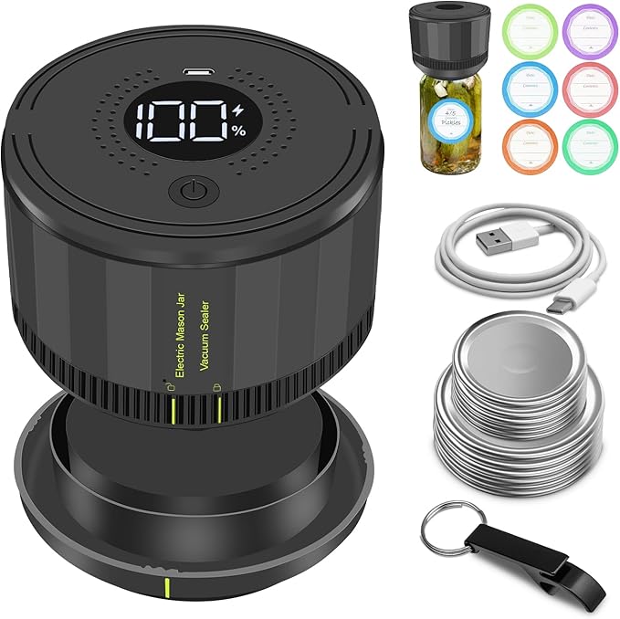 Electric Mason Jar Vacuum Sealer, Auto Stop Mason Jar Vacuum Sealer Kit for Wide Mouth and Regular Mouth canning lids with Food Storage Labels for Freshness and Preservation