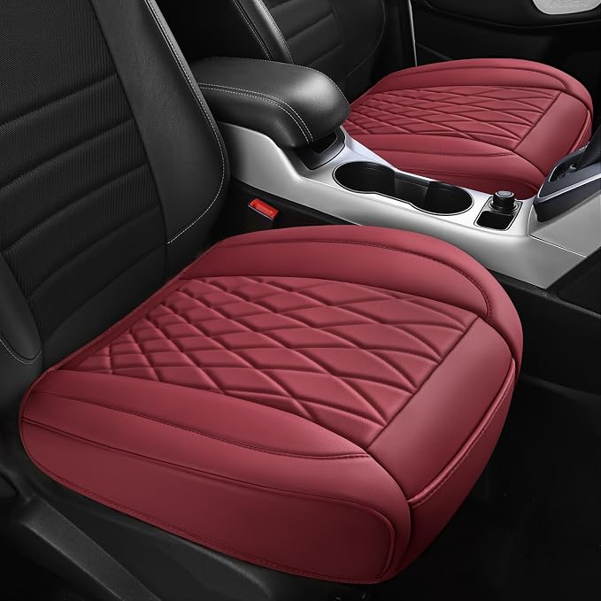 CAR PASS 2 Pack Leather Front Car Seat Covers, Bottom Seat Covers Full Wrapped with Storage Pocket, Anti-Slip Leather Seat Protectors,Waterproof Seat Cushion Pad Universal Fit Cars SUV Truck, Burgundy