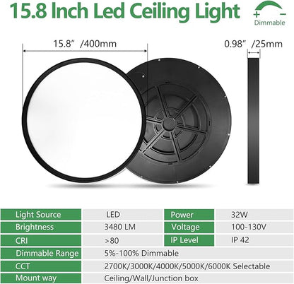 15.8 Inch Dimmable LED Flush Mount Ceiling Light, 3000K/3700K/4000K/5000K/6000K