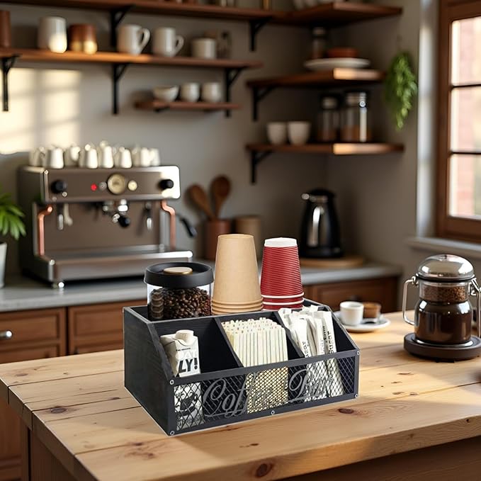 Coffee Station Organizer, Rustic Countertop Coffee Bar Accessories, 4