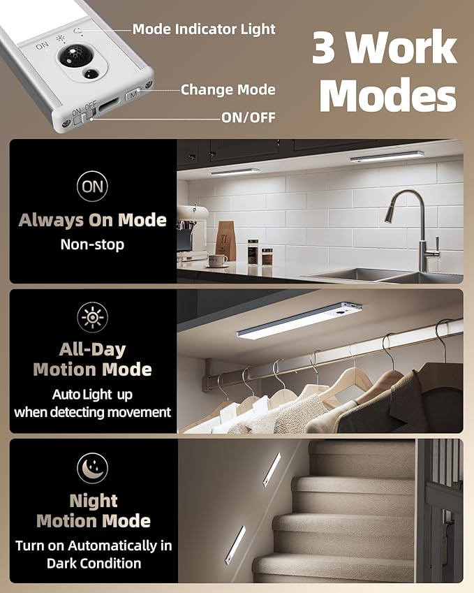 EZVALO 5-Pack Under Cabinet Lighting, 2400mAh Motion Sensor Light, LED Closet