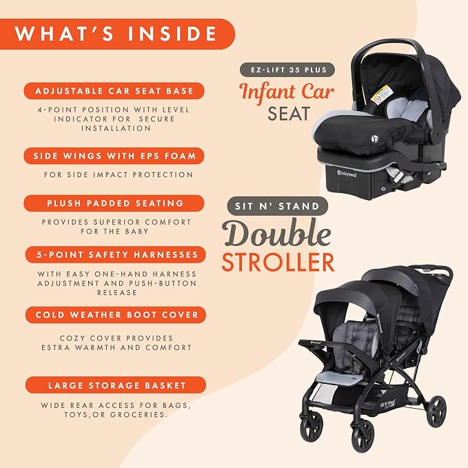Baby Trend Double Stroller with 2 EZ-Lift Plus Infant Car Seats, Sit N' Stand, Stormy - Portable and Lightweight Stroller Duo and Car Seat Travel System Tandem