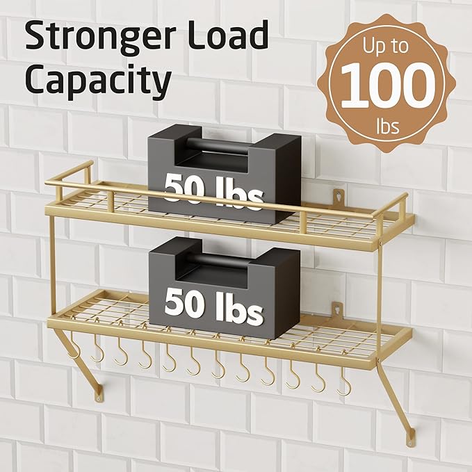 KES 30-Inch Gold Pot Rack Wall Mounted, 2-Tier Hanging Pot and Pan Organizer