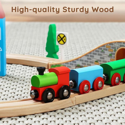 SainSmart Jr. Wooden Train Set for Toddler with Double-Side Train Tracks Fits Brio, Thomas, Melissa and Doug, Kids Wood Toy Train for 3,4,5 Year old Boys and Girls