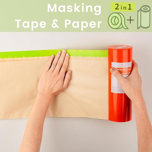 Tangibay Pre-Taped Masking Paper with Dispenser - 18" x 66' Painters Paper and Tape for Painting House, Auto Body, Cars (1 Dispenser 6 Refills)