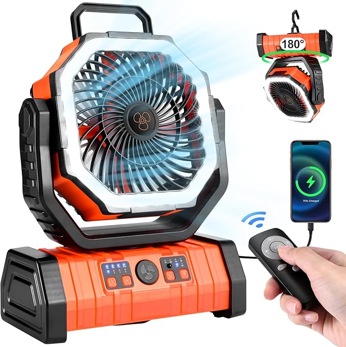 Odoland 30000mAh Camping Fan with LED Lantern, Rechargeable Battery Operated Oscillating with Remote Hook, Portable Tent Fan with Timer, 4 Speeds for Outdoor RV Jobsite Power Outage,Orange