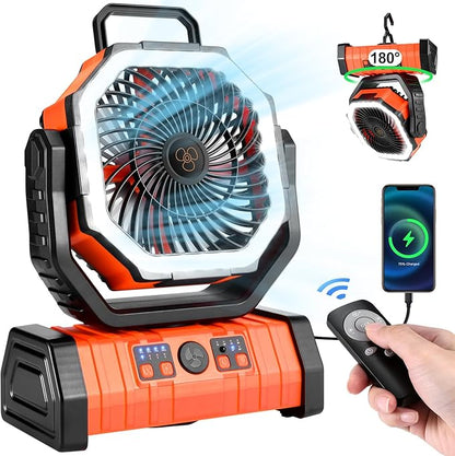 Odoland 30000mAh Camping Fan with LED Lantern, Rechargeable Battery Operated Oscillating with Remote Hook, Portable Tent Fan with Timer, 4 Speeds for Outdoor RV Jobsite Power Outage,Orange