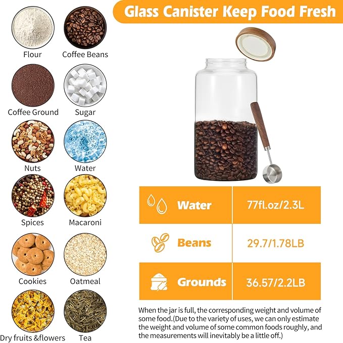 Large Glass Coffee Jars with Spoon,Round Storage Canister with Wooden Lid Clear Glass Food Jar for Pantry Sugar Tea Coffee Bean Spice Nuts Cookies Bath Salts (2300ml/77oz)