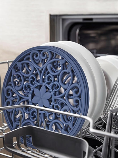 SMARTAKE 3 Set Silicone Trivet Mats, Multi-Use Carved Trivet Mat, Insulated Non-Slip Durable Kitchen Mats, Flexible Modern Kitchen Table Mat, for Hot Dishes, Pots, Dining Countertop, Navy Blue