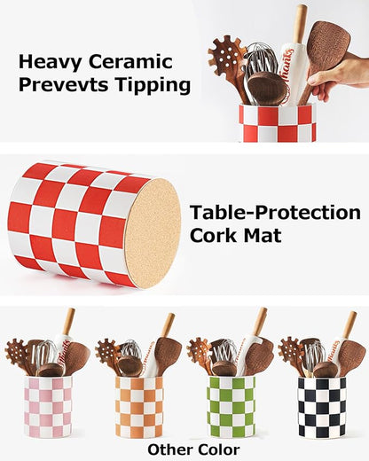 Utensil Holder, 7.2 Inch Checkered Utensil Holder, Ceramic Cooking Utensil