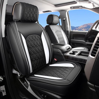 JOJOBAY Chevy Silverado Seat Covers,Leather Seat Covers for GMC Sierra,Custom Fit 2007-2026 1500 2500HD 3500HD Crew Double Extended Regular Cab,LT LZT RST Trail Boss(Front Pair,Black White)