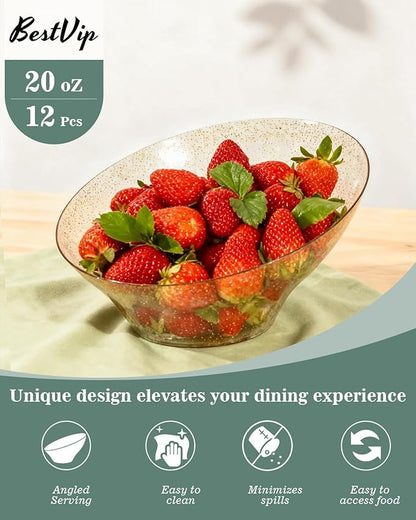 BESTVIP 20oz Clear with Gold Glitter Serving Bowls for Party - 12 Pack Angled Disposable Serving Bowls for Chips, Snacks, Fruit, Salad - Decorative Catering Bowls for Daily Use, Christmas