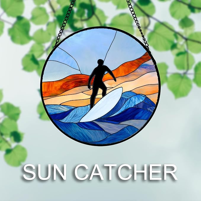 AMDERVEN Stained Glass Window Hanging 4 Pcs Set Blue Ocean Surfing Beach 9.8"