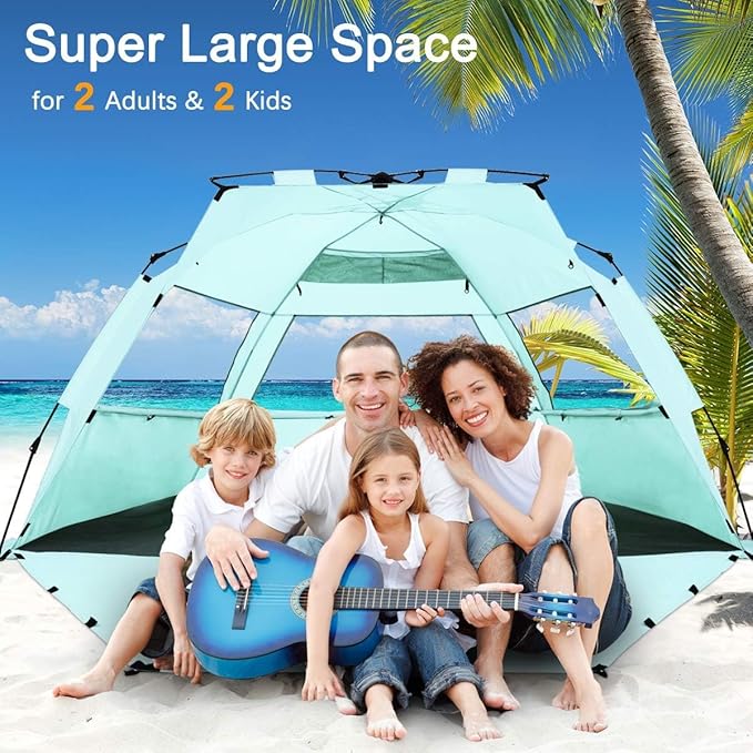 WhiteFang Deluxe Pop Up Beach Tent Sun Shade Shelter for 3-4/5-6 Person, UV Protection, Extendable Floor with 3 Ventilating Windows Plus Carrying Bag, Stakes, and Guy Lines