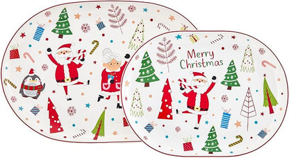 Bico Christmas Merry Crew Ceramic 16 inch plus 12 inch Ceramic Oval Platter, Set of 2, for Serving Turkey, Steak, Salad, Microwave & Dishwasher Safe