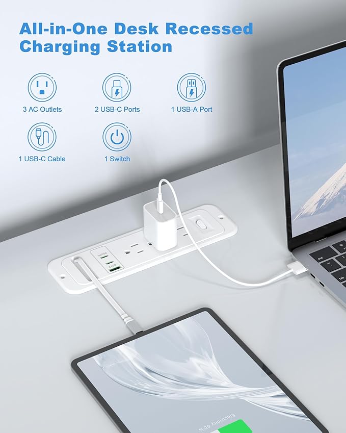 Recessed Power Strip with Retractable USB C Cable, 2 PD 20W USB C, Flush Mount