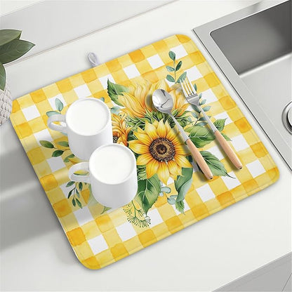Spring Summer Dish Drying Mat 16x18 Inch Absorbent Reversible Sunflower Drying