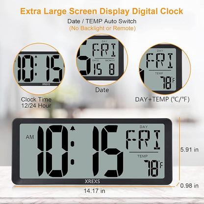 XREXS Large Digital Wall Clock, Battery Operated Alarm Clocks