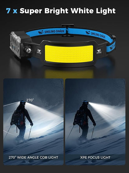 Smiling Shark Headlamp, 2 Pack Head Lamps Led Rechargeable 6 Modes 7*White Lights 270° Lighting Width Motion Sensor Red Tail Light for Camping Fishing Repairation, LED-Headlamp-Rechargeable-Light