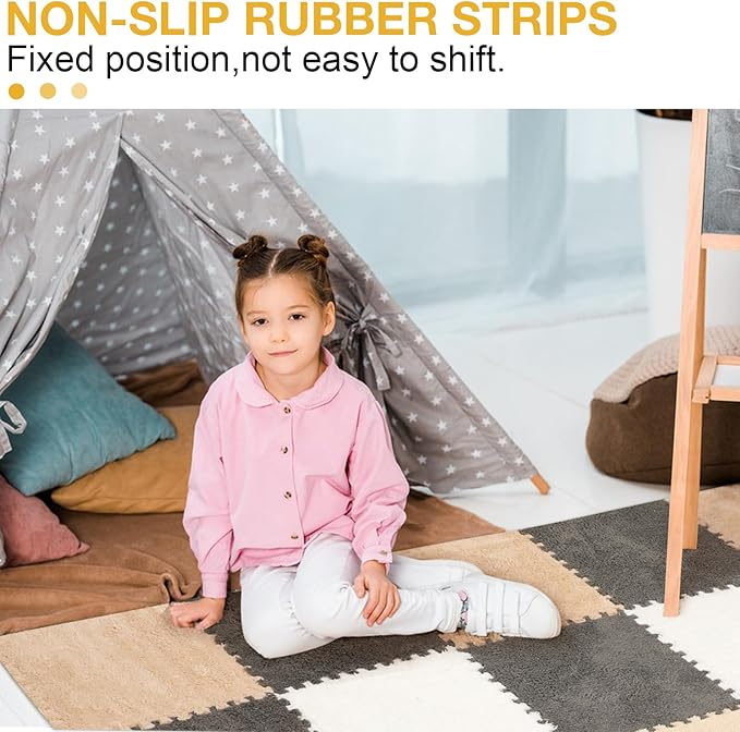 12 Pcs Plush Interlocking Carpet Tiles, Non-Toxic Foam Carpet Tiles for Toddler Baby, Machine-Washable, Anti-Slip, EVA Foam Interlocking Tiles for Floor, Nursery, Grey White Light Brown