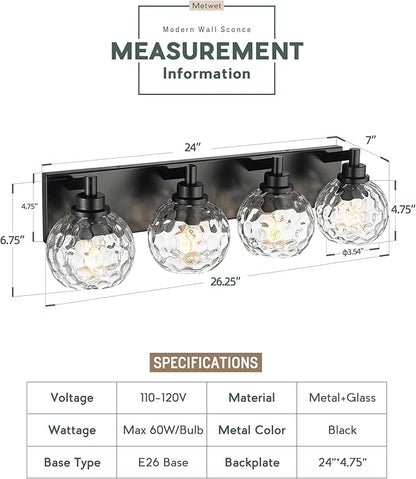 METWET Bathroom Light Fixtures Over Mirror, 4-Light Modern Sconces Wall Lighting