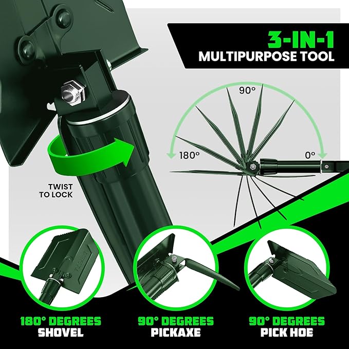 RHINO USA Folding Survival Shovel w/Pick - Heavy Duty Carbon Steel Military Style Entrenching Tool for Off Road, Camping, Gardening, Beach, Digging Dirt, Sand, Mud & Snow - Green
